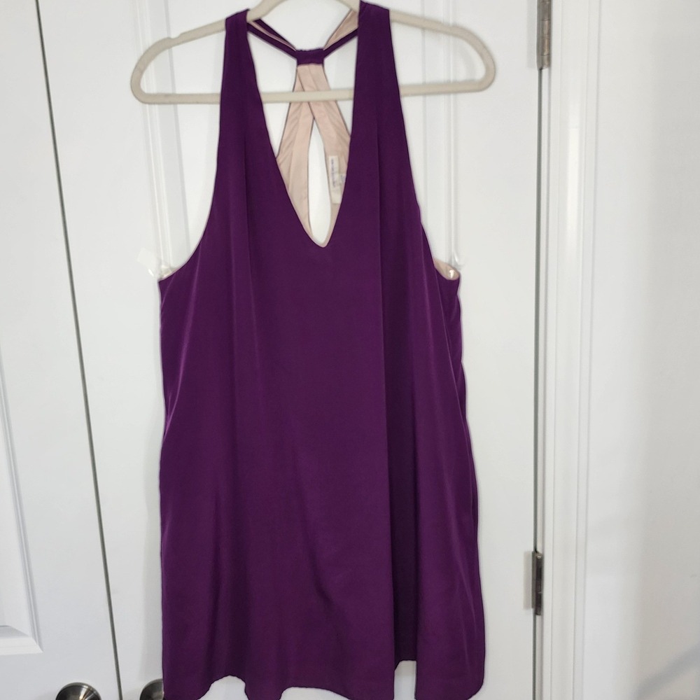 Lavender Brown Purple 100% Silk V-Neck Racerback Mini Dress Large Made USA
